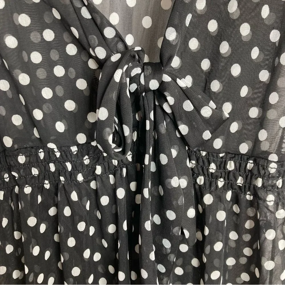 Y2K Lashes Mesh Blouse Black White Polka Dots Deep V Neck Small